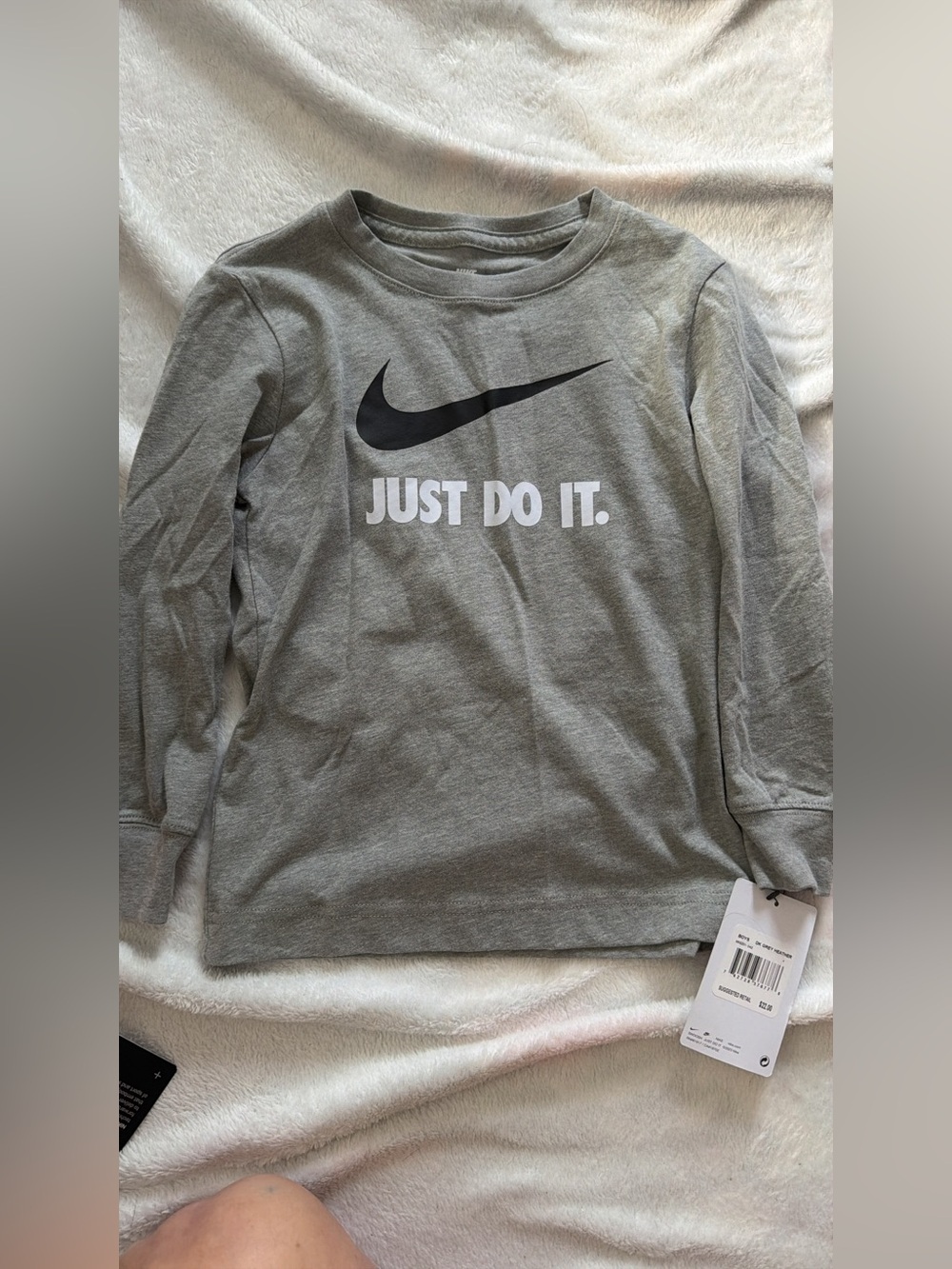 Nike Gray Long-Sleeve Kids' 'Just Do It.' Tee with Black Swoosh